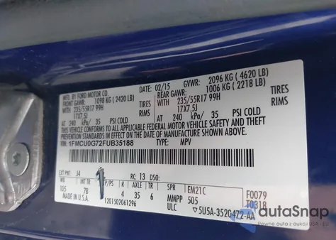 2015 Ford Escape Se from USA, damaged, VIN 1FMCU0G72FUB35188